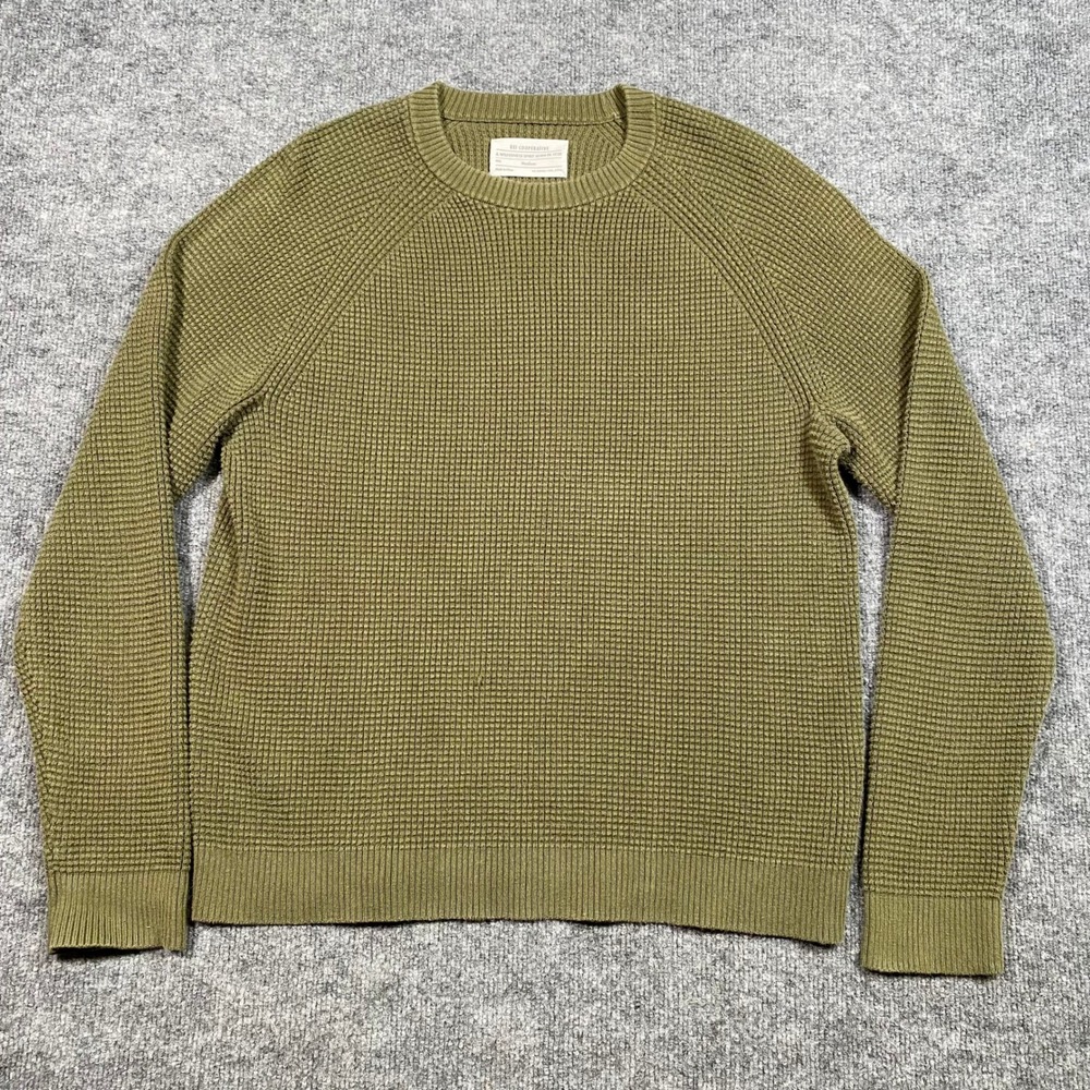 REI Co-op Mens Waffle Knit Sweater Medium Olive Green Raglan Pullover Crew Neck